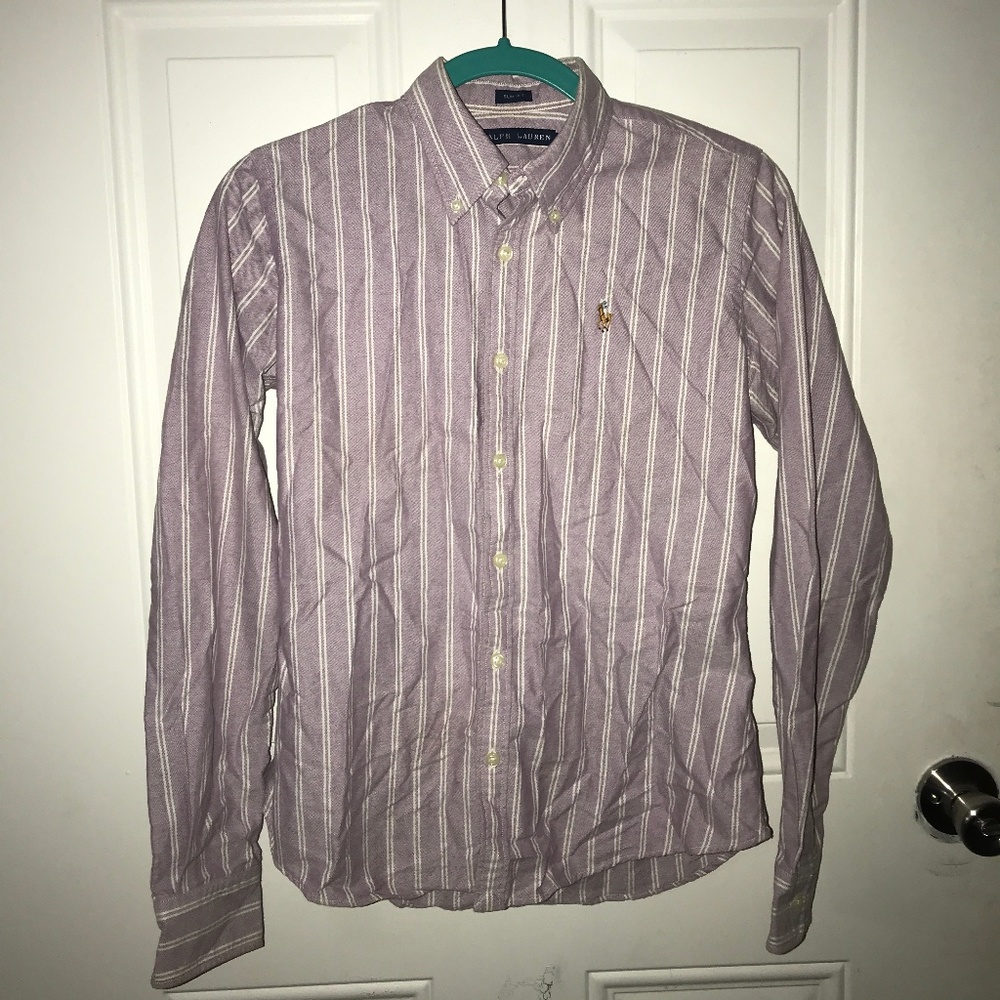 Purple and white striped Ralph Lauren shirt.